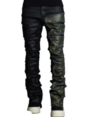 Pain Lab Edgy Black& Camo Split Distressed Tapered Stack Fit Denim... Size 40/36